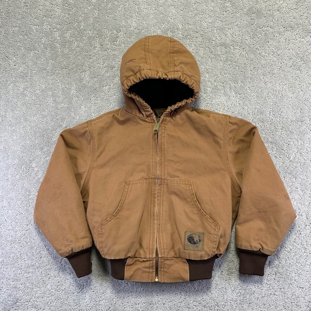 Berne Jacket Youth Kids‎ Size Small Brown Tan Lined Hooded Work Coat BHJ51BD